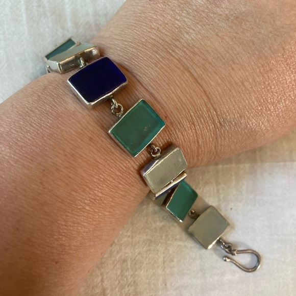 Sterling Silver 925 Bracelet with Natural Stone Inlay‎ Vintage - Picture 2 of 8